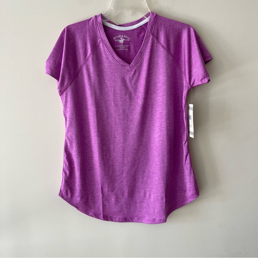 Beverly Hills Polo Club Heathered Purple V-neck Active Exercise Activewear Top